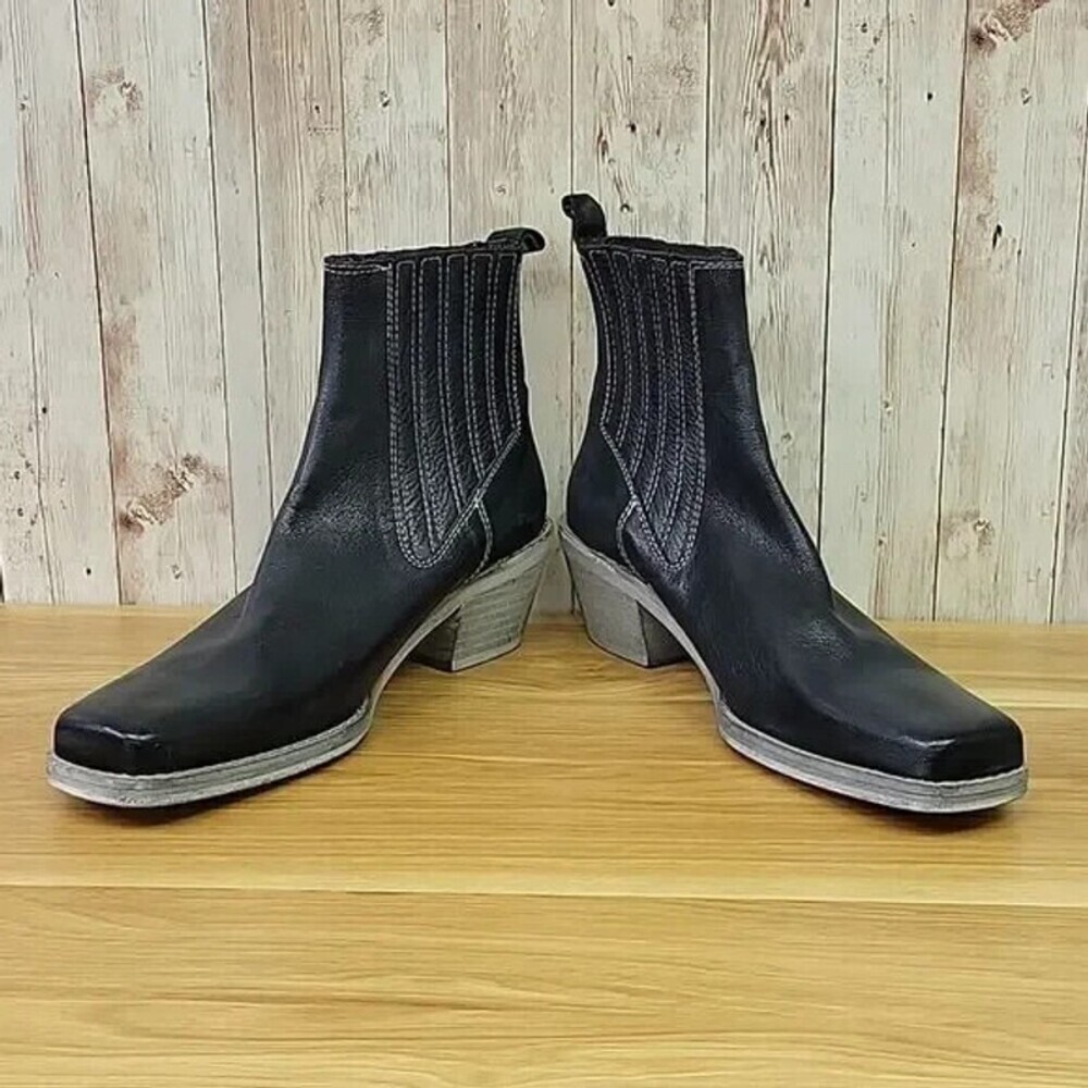 Free People Landry Black Leather Square Toe Western Ankle Boots 41 US 11 NEW